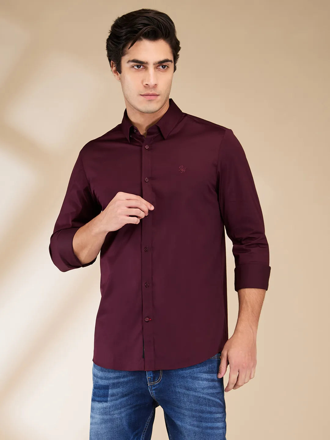 Burgundy Slim Fit Regular Collar Men's Shirt by Being Human Clothing