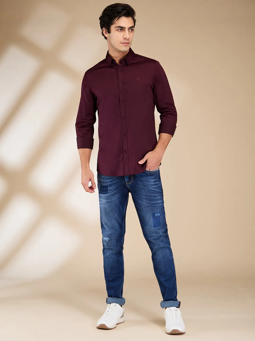 Burgundy Slim Fit Regular Collar Men's Shirt by Being Human Clothing