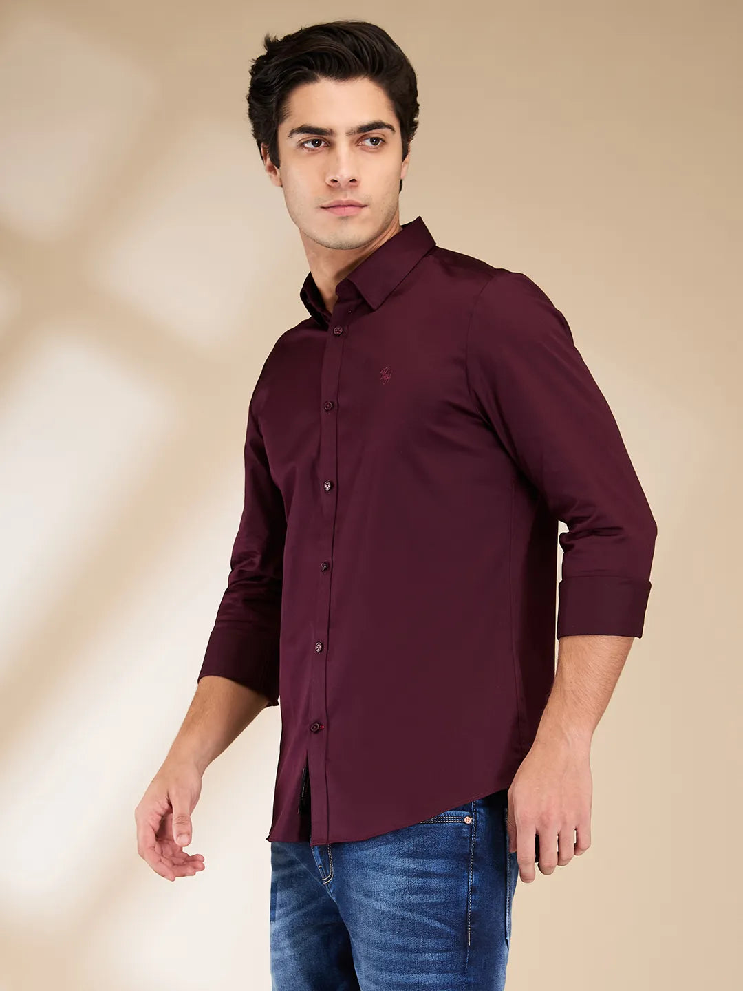 Burgundy Slim Fit Regular Collar Men's Shirt by Being Human Clothing