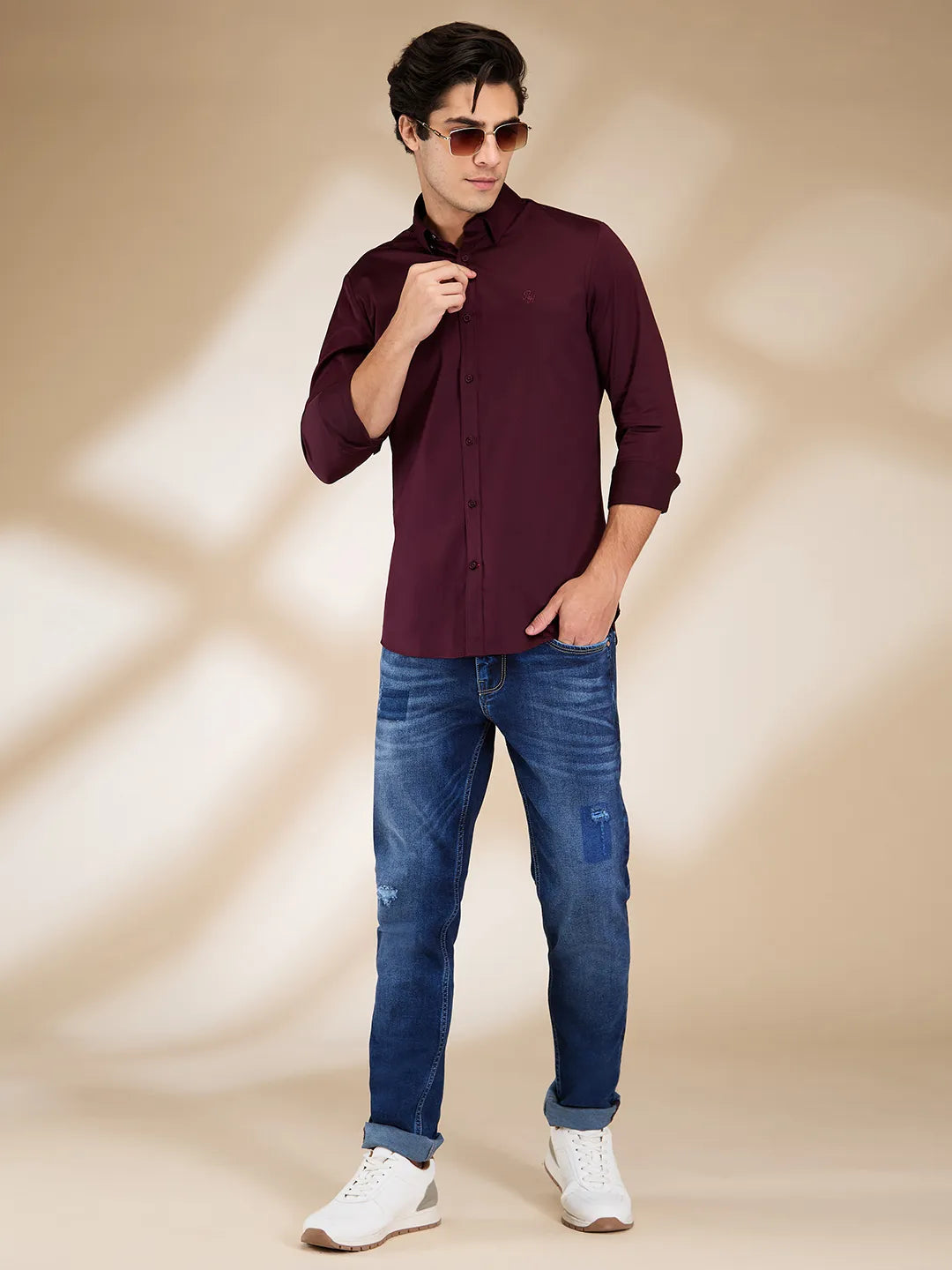 Burgundy Slim Fit Regular Collar Men's Shirt by Being Human Clothing
