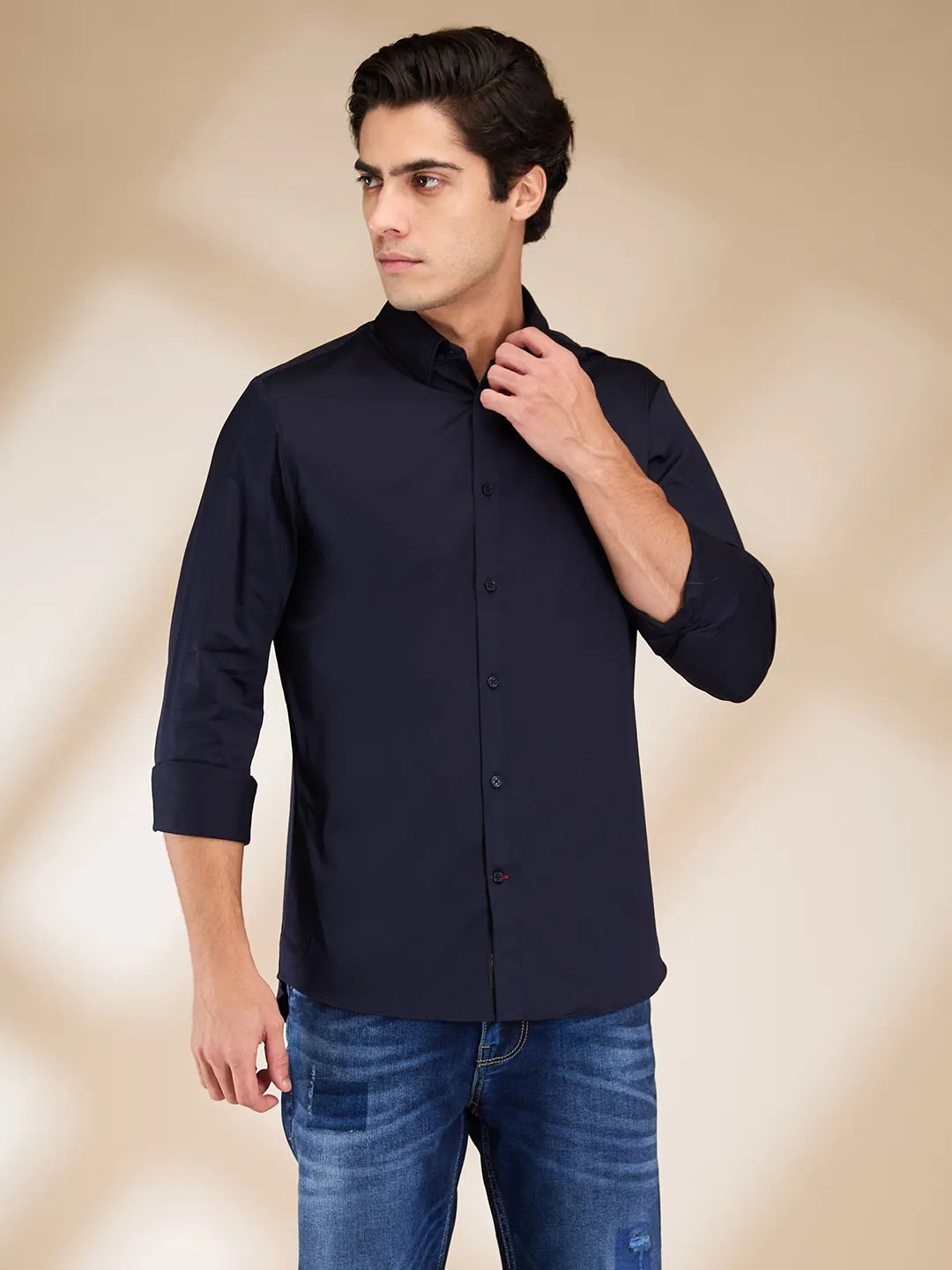 Navy Slim Fit Regular Collar Men's Shirt by Being Human Clothing
