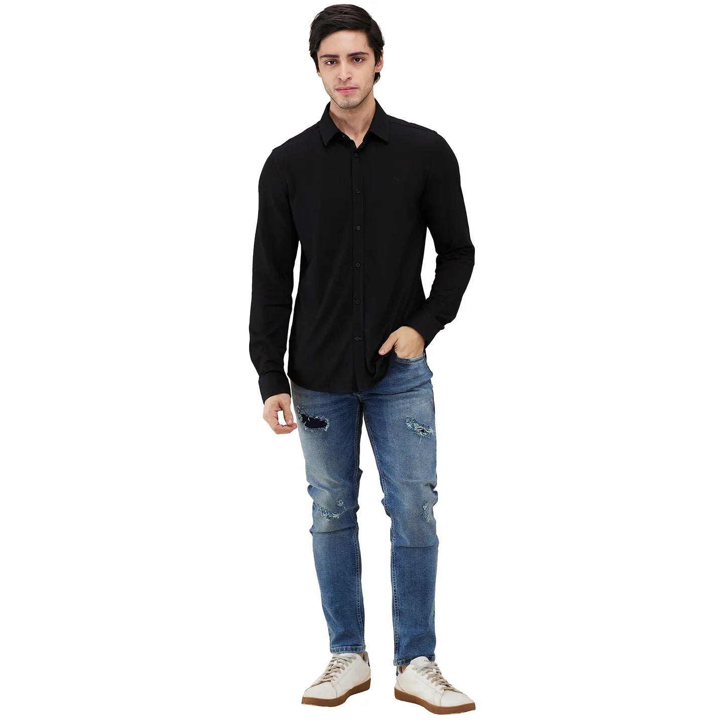 Black Slim Fit Regular Collar Men's Shirt by Being Human Clothing