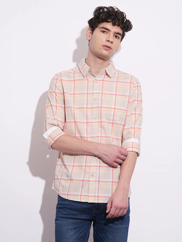 Cream Regular Fit Regular Collar Men's Shirt by Being Human Clothing