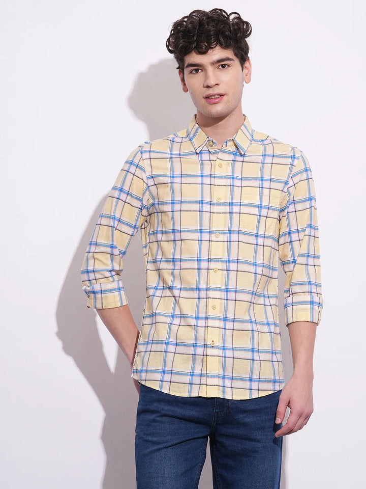 Yellow Regular Fit Regular Collar Men's Shirt by Being Human Clothing