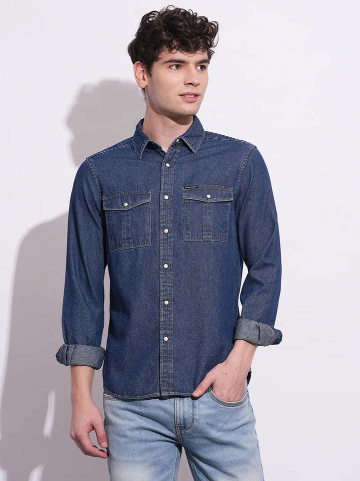 Blue Regular Fit Regular Collar Men's Shirt by Being Human Clothing