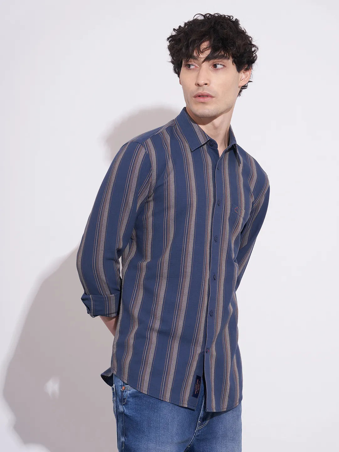 Being Human Men's Navy Striped Spread Collar Shirt