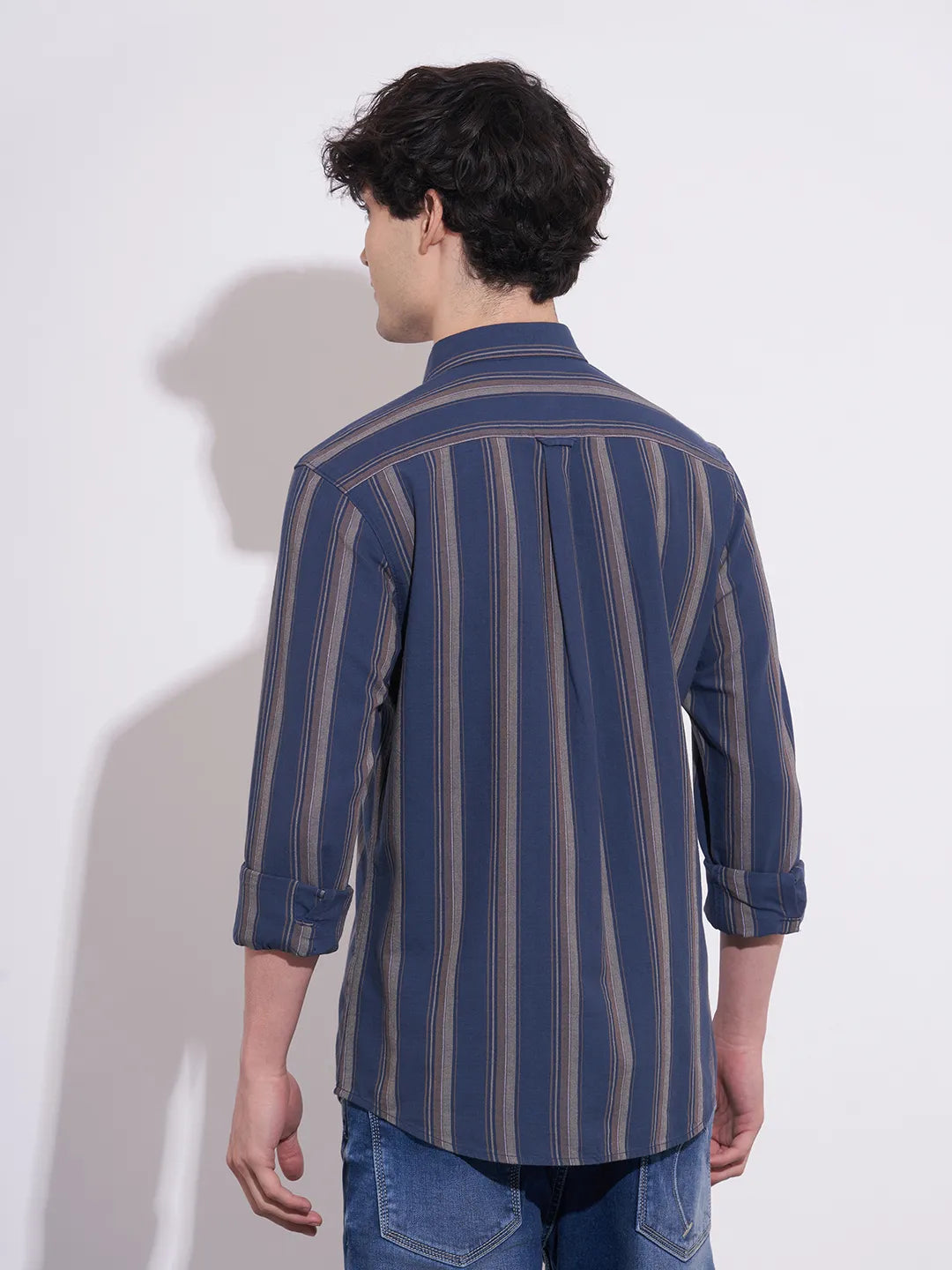 Being Human Men's Navy Striped Spread Collar Shirt