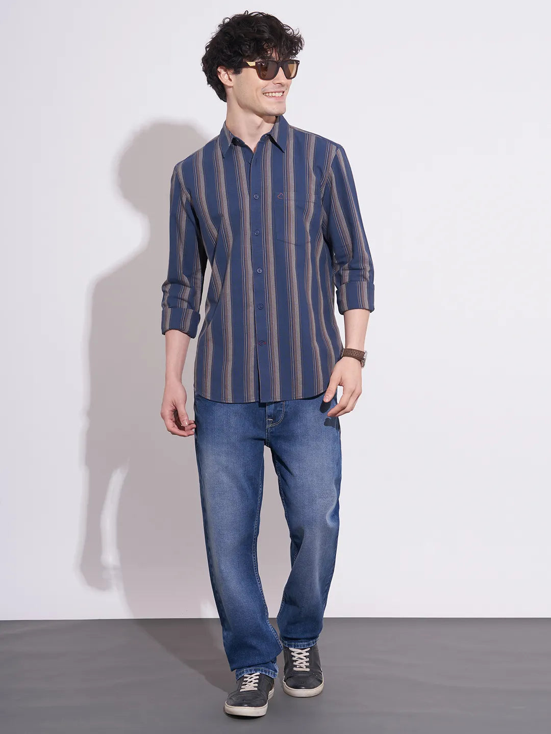 Being Human Men's Navy Striped Spread Collar Shirt