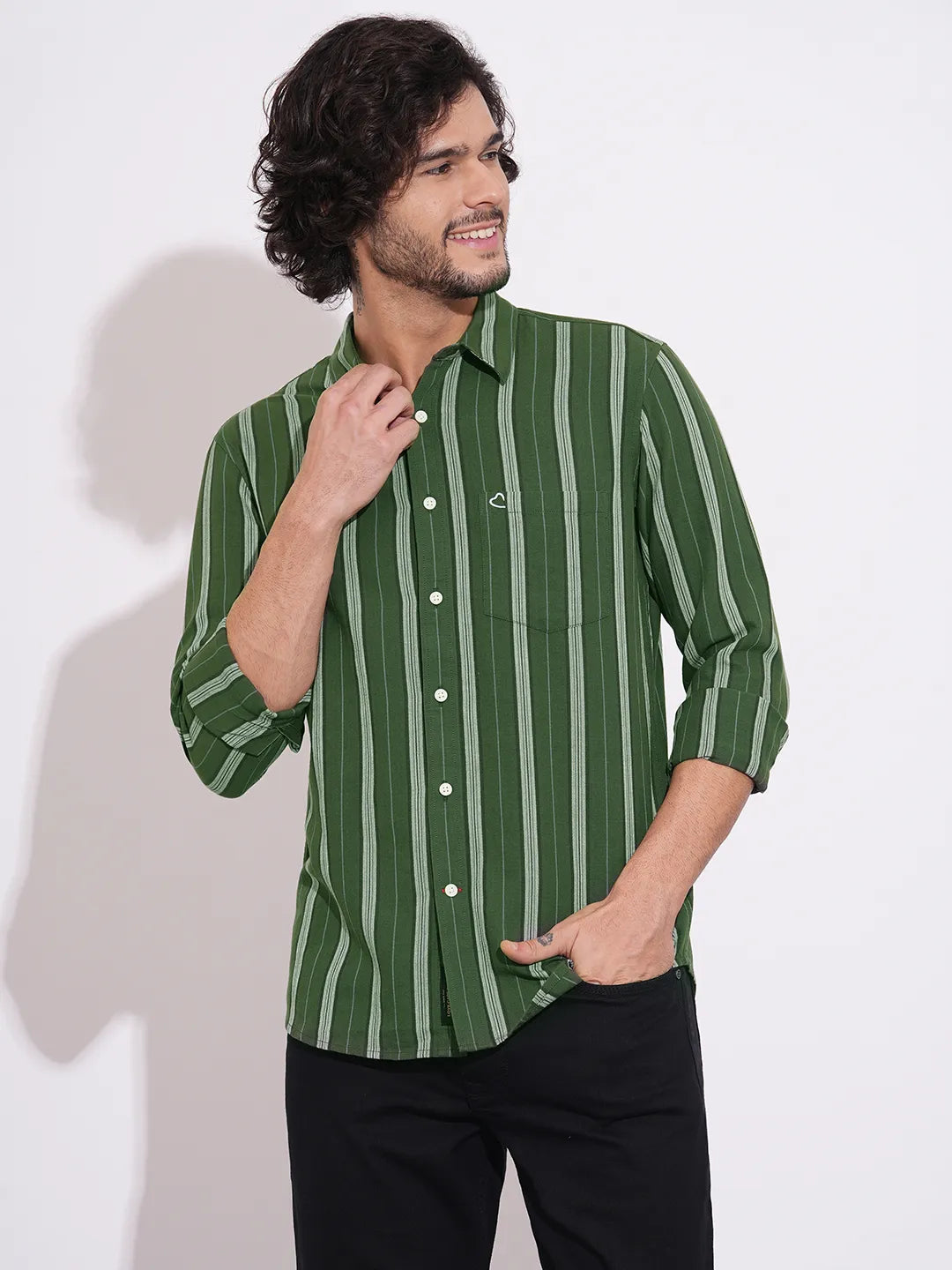 Men's Green Striped Full Sleeves Spread Collar Shirt by Being Human Clothing