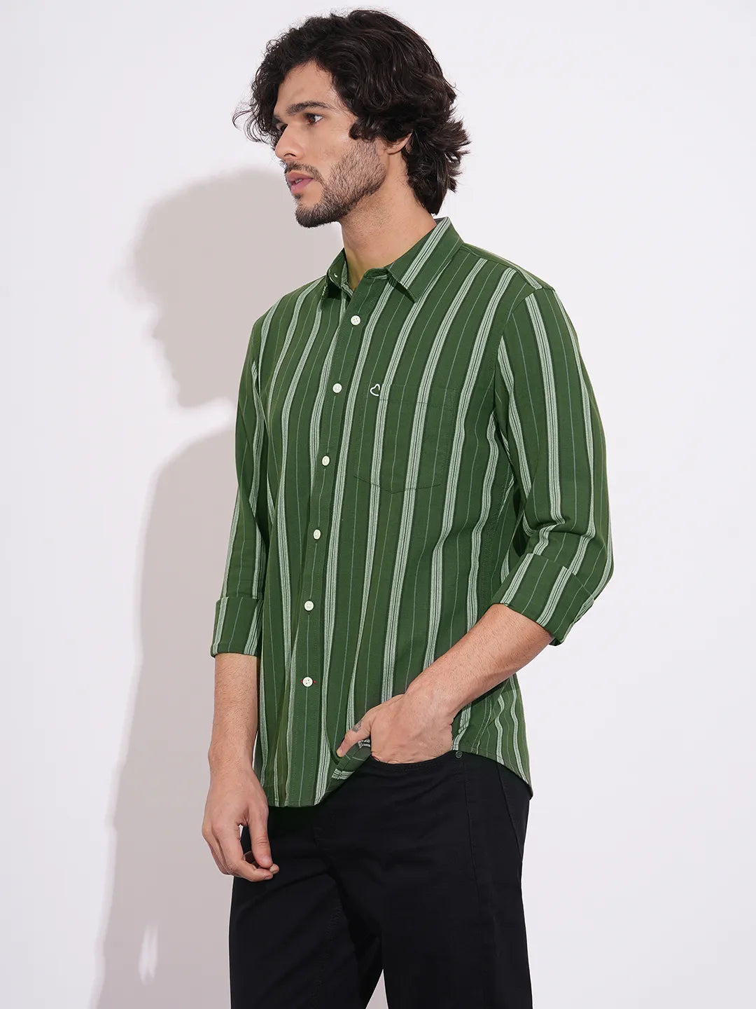 Men's Green Striped Full Sleeves Spread Collar Shirt by Being Human Clothing