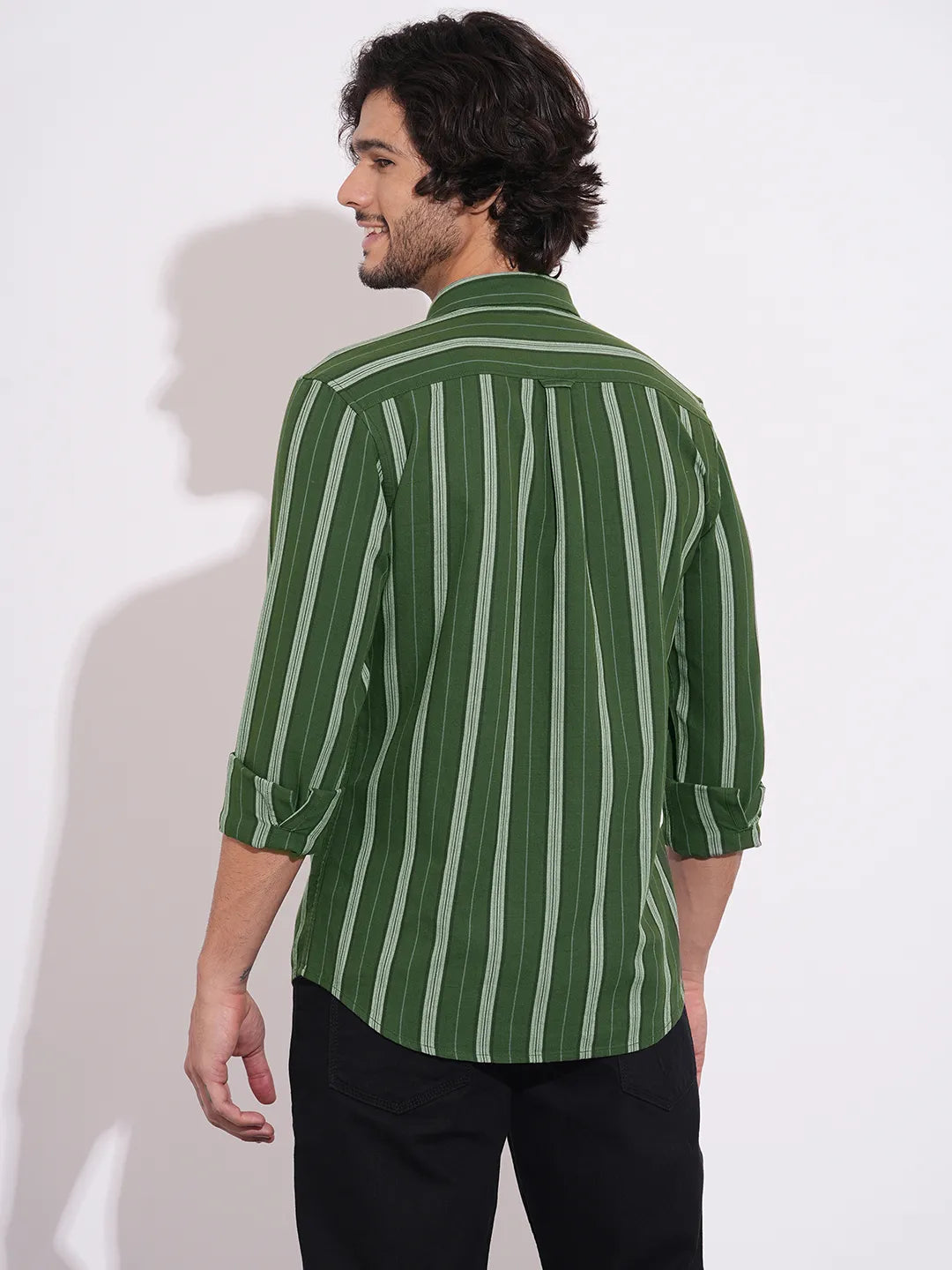 Men's Green Striped Full Sleeves Spread Collar Shirt by Being Human Clothing