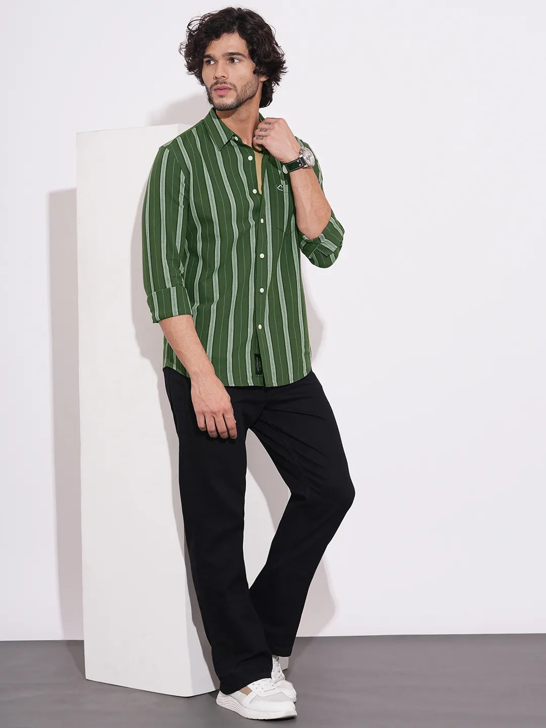 Men's Green Striped Full Sleeves Spread Collar Shirt by Being Human Clothing
