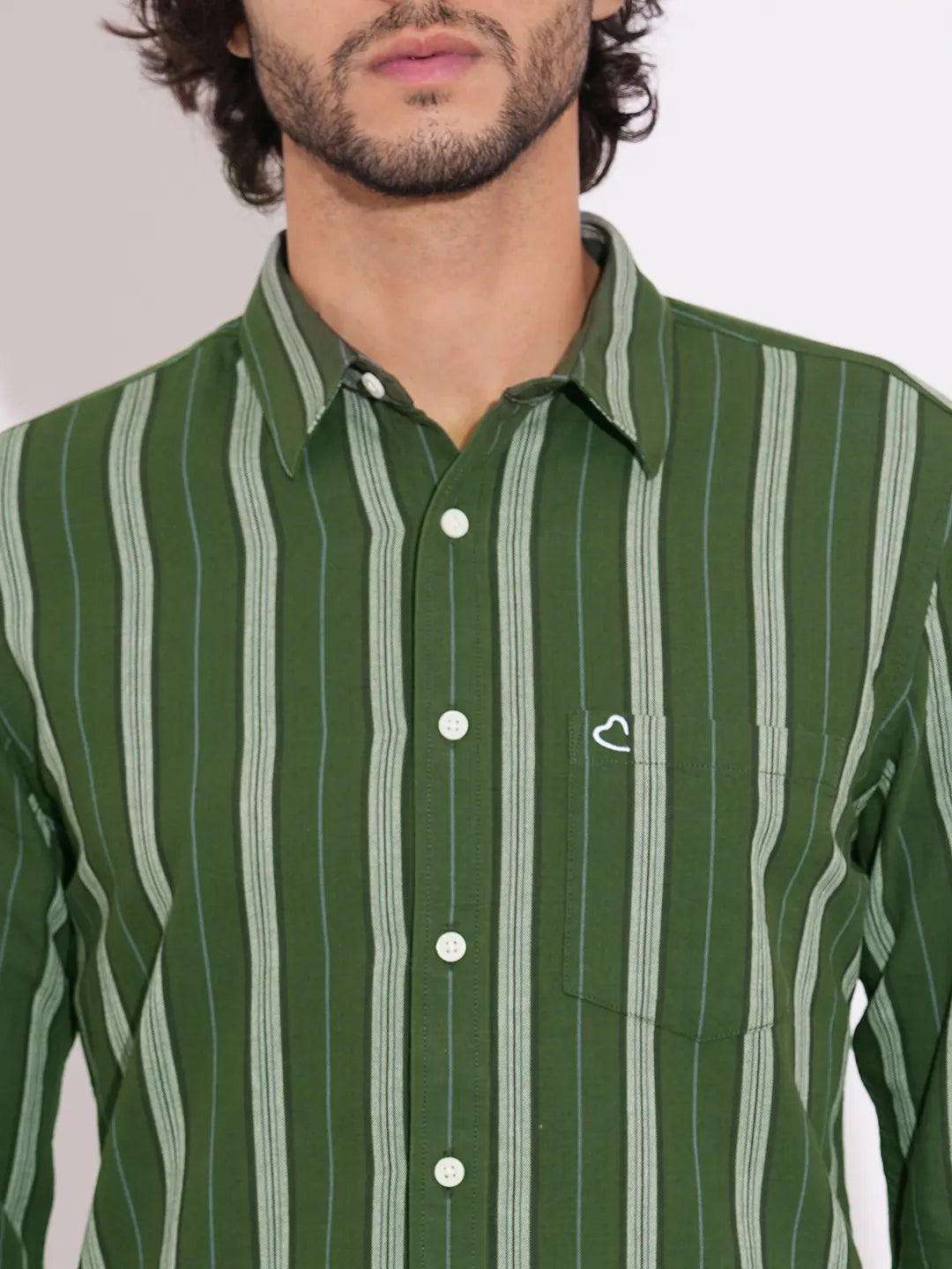 Men's Green Striped Full Sleeves Spread Collar Shirt by Being Human Clothing