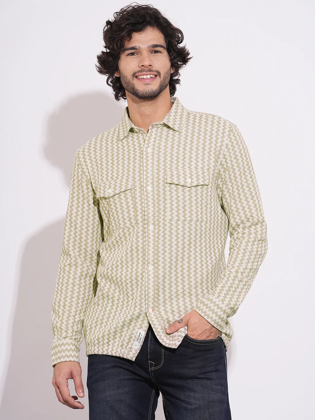Olive Slim Straight Fit Regular Collar Long Sleeves Cotton Men's Shirt by Being Human Clothing