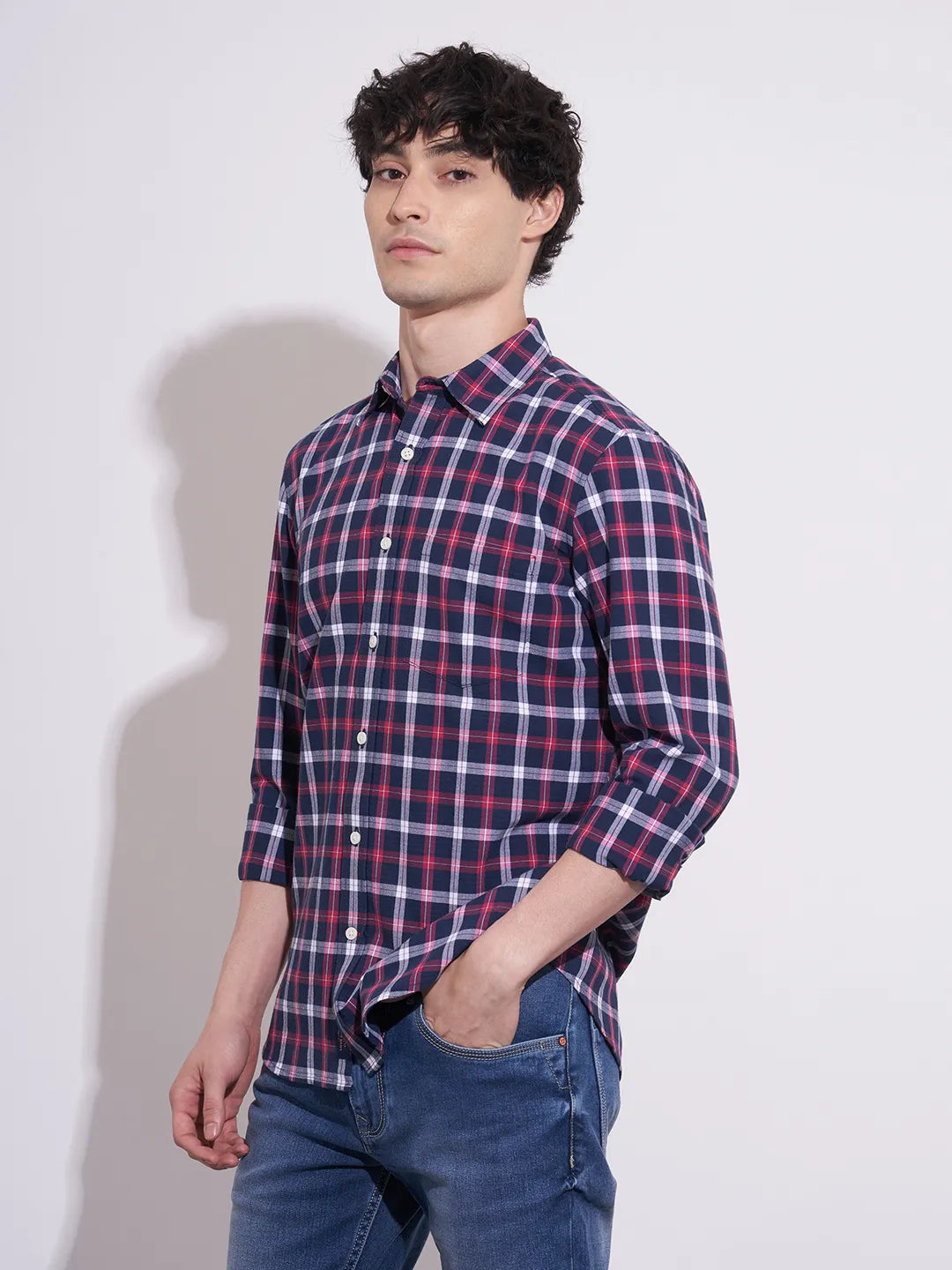 Men's Blue Checked Spread Collar Shirt by Being Human Clothing