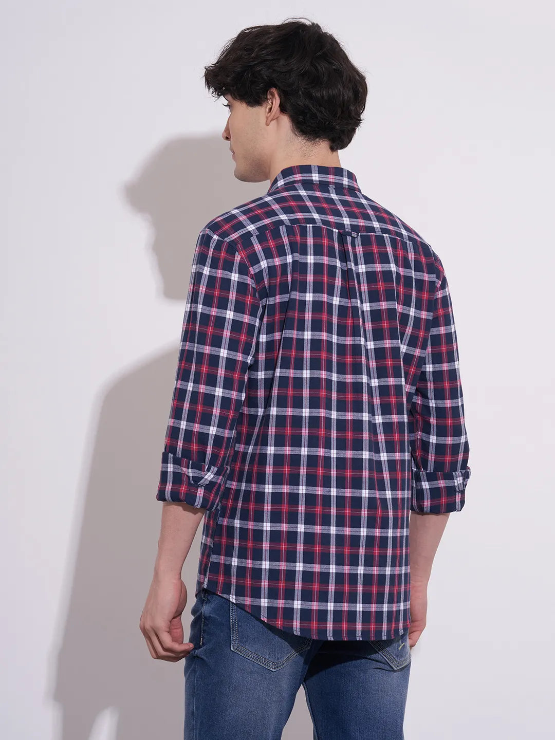 Men's Blue Checked Spread Collar Shirt by Being Human Clothing