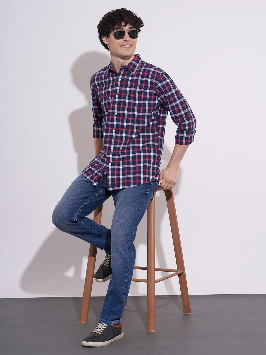 Men's Blue Checked Spread Collar Shirt by Being Human Clothing
