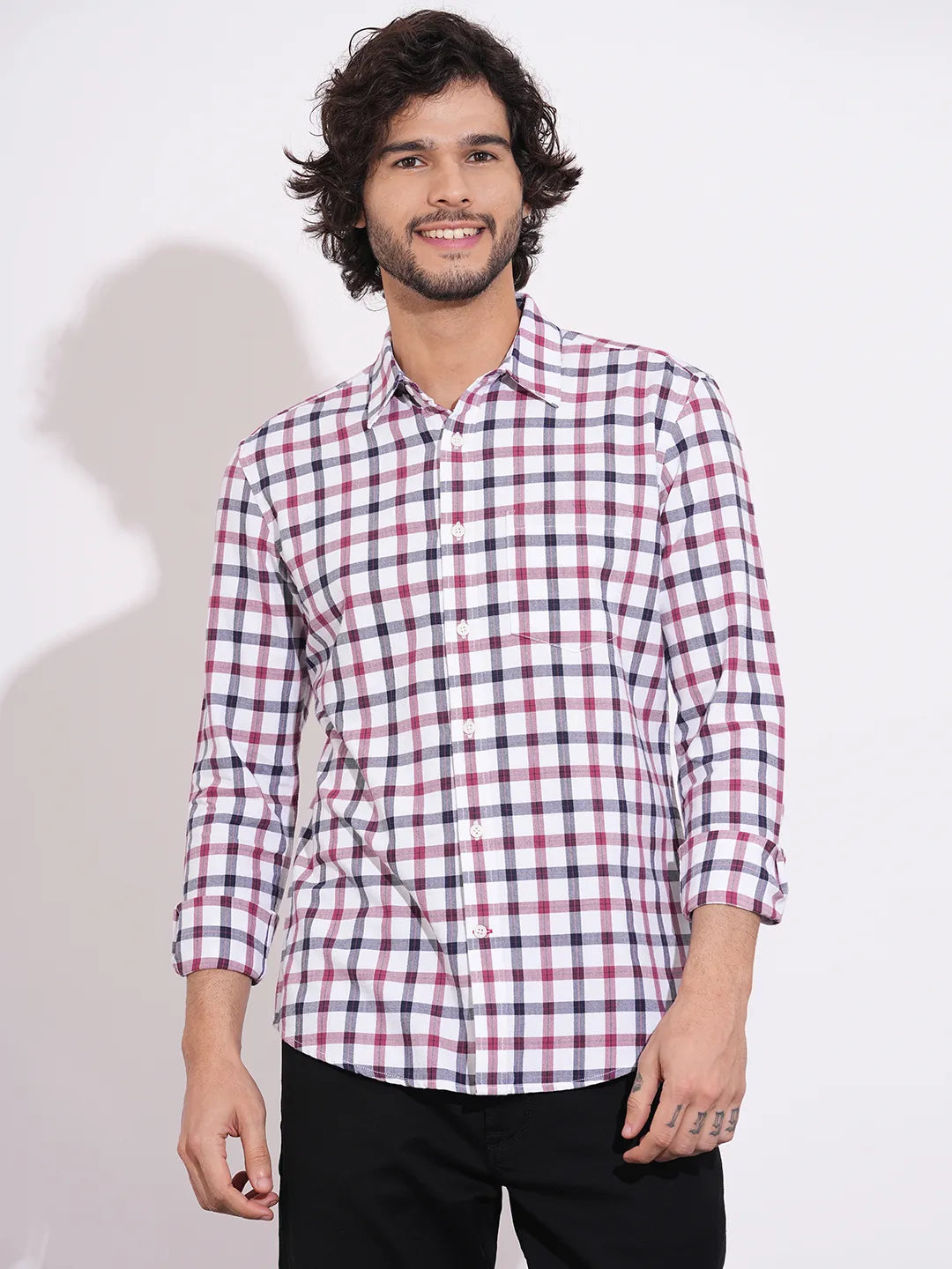 Men's White Checked Spread Collar Shirt by Being Human Clothing