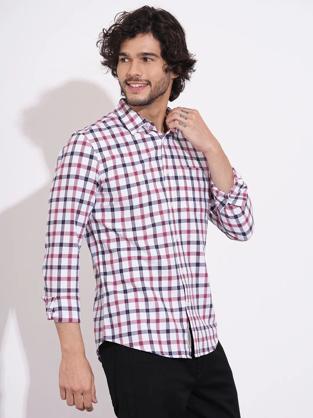 Men's White Checked Spread Collar Shirt by Being Human Clothing
