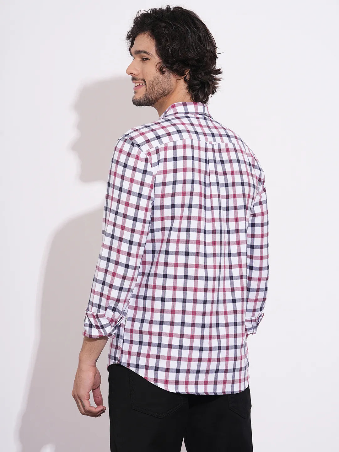 Men's White Checked Spread Collar Shirt by Being Human Clothing