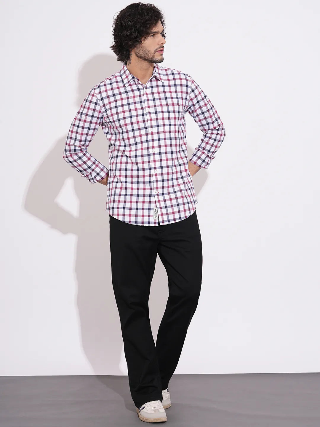 Men's White Checked Spread Collar Shirt by Being Human Clothing