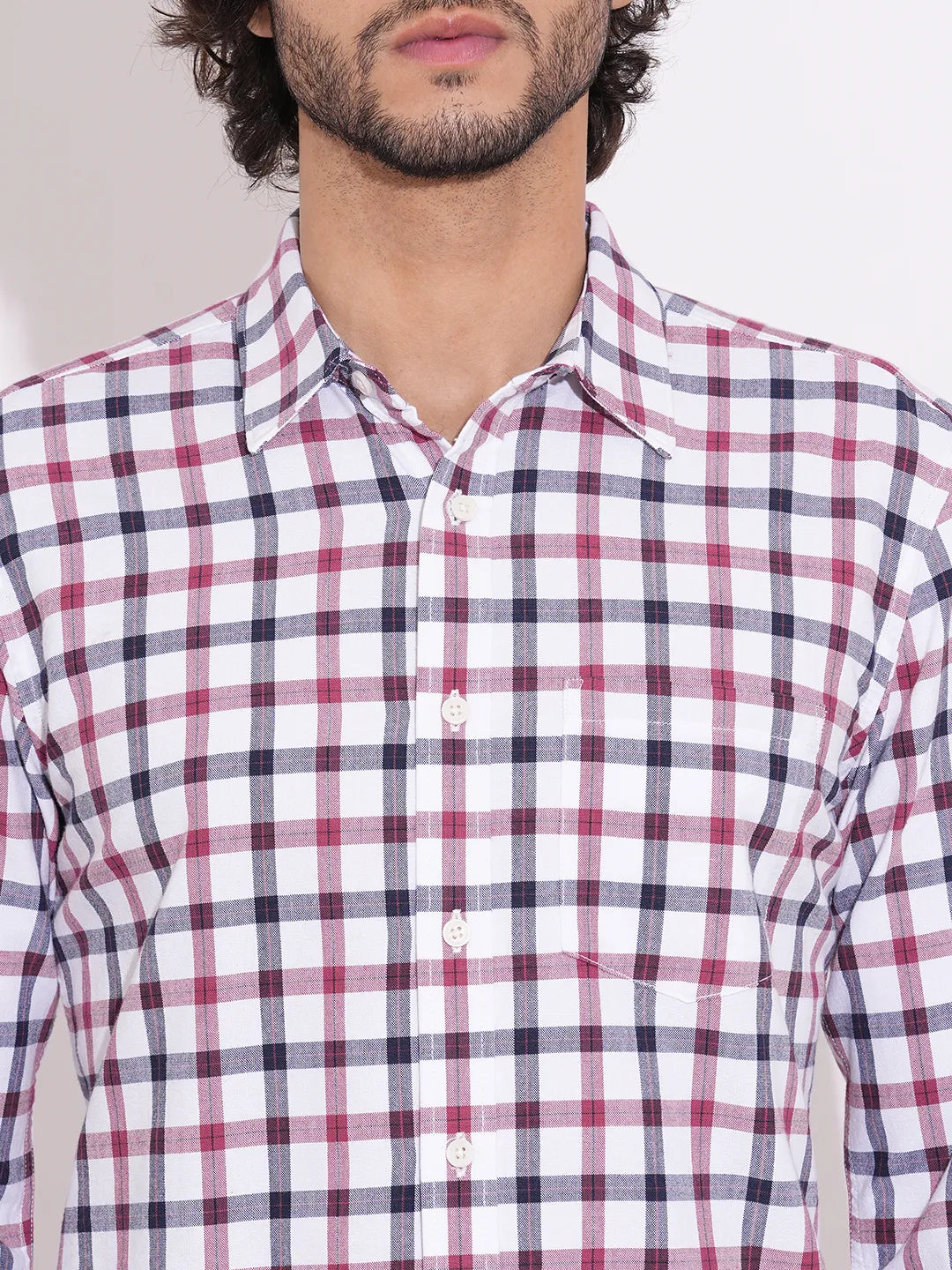 Men's White Checked Spread Collar Shirt by Being Human Clothing