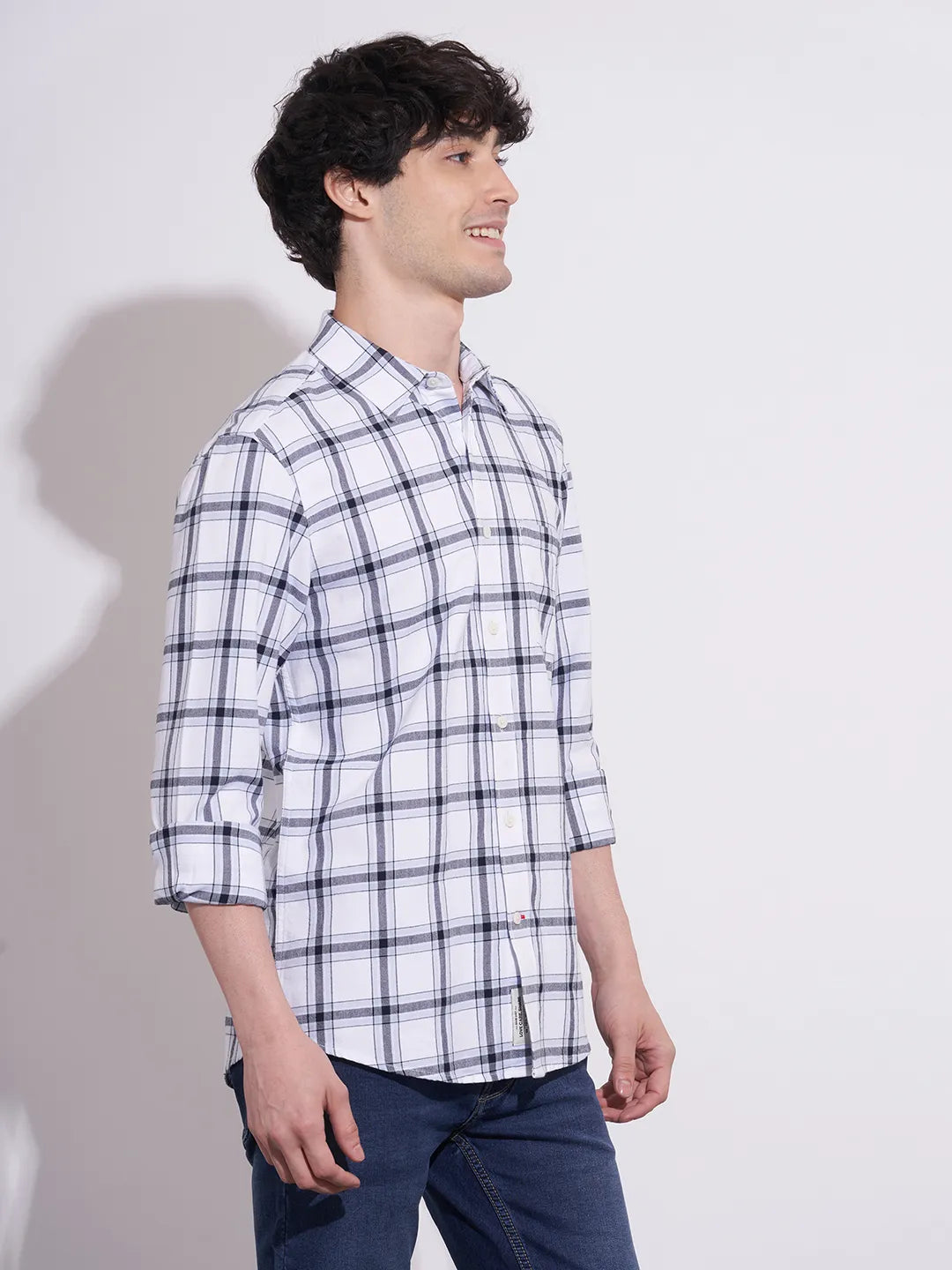Men's White Checked Spread Collar Shirt by Being Human Clothing