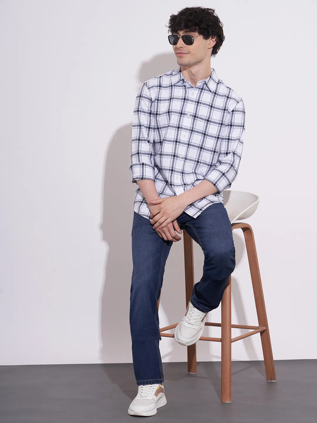 Men's White Checked Spread Collar Shirt by Being Human Clothing