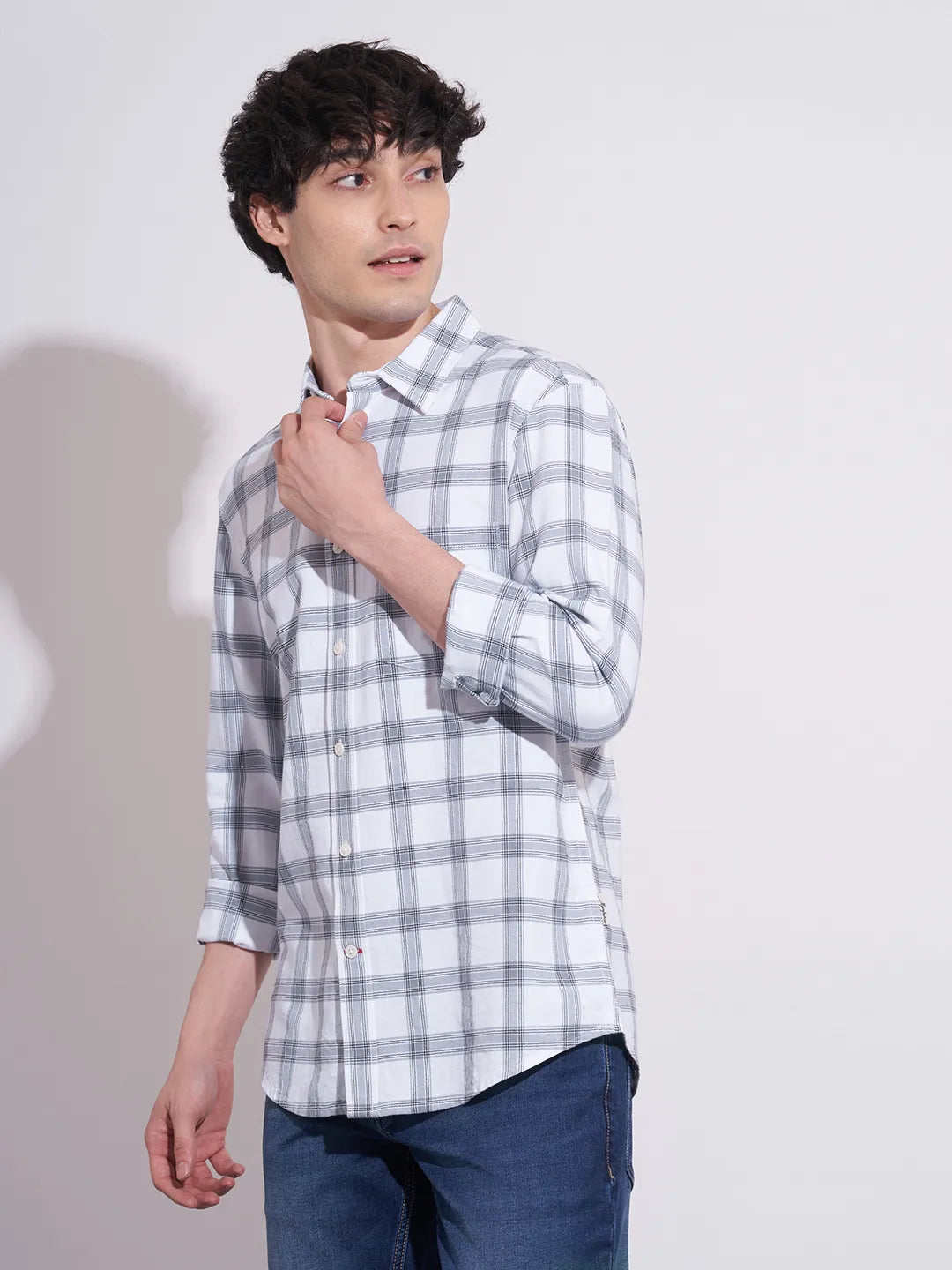 Men's White Checked Full Sleeves Shirt by Being Human Clothing