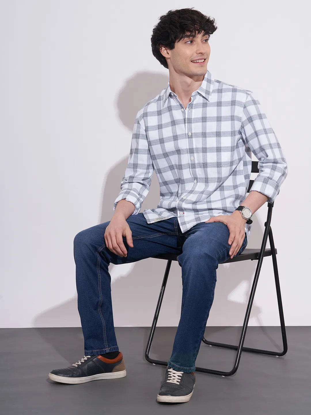 Men's White Checked Full Sleeves Shirt by Being Human Clothing