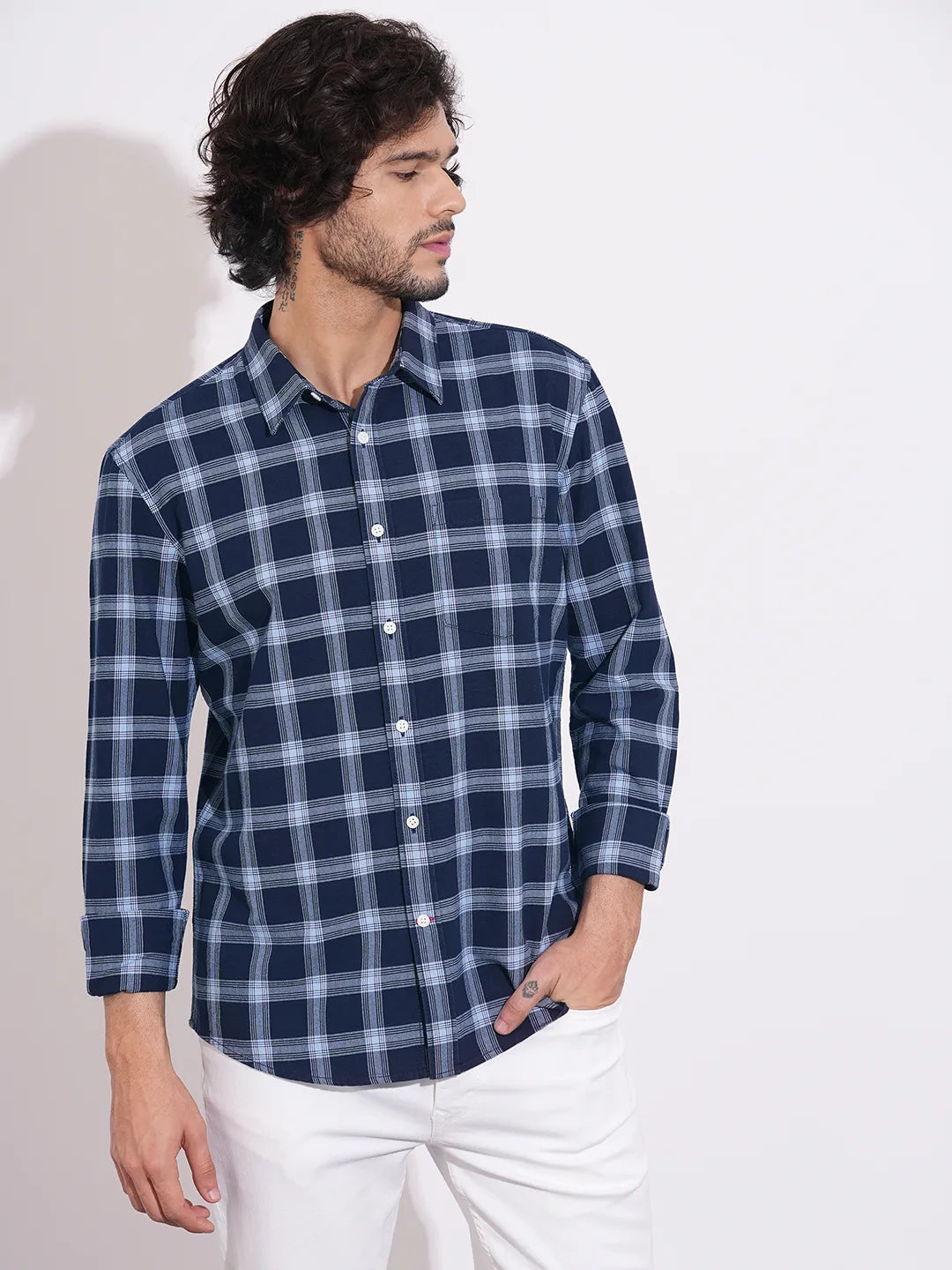 Men's Navy Checked Full Sleeves Shirt by Being Human Clothing