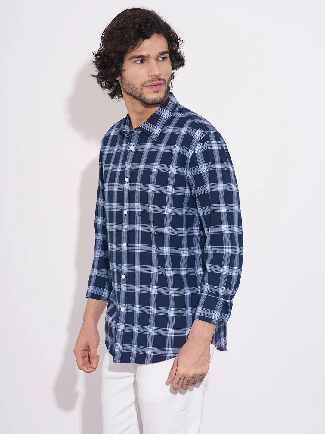 Men's Navy Checked Full Sleeves Shirt by Being Human Clothing
