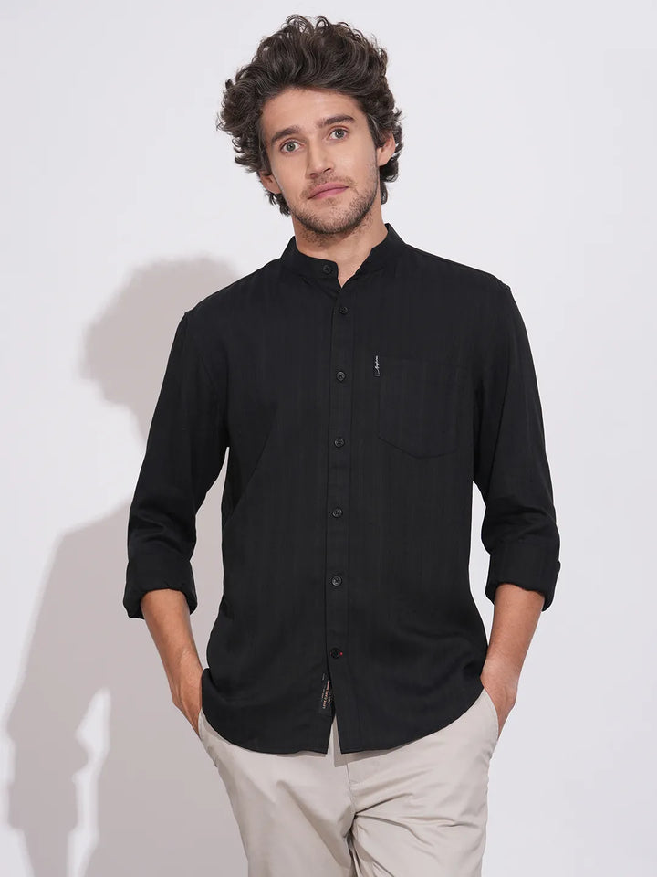Black Moderno Fit Regular Collar Long Sleeves Tencil Men's Shirt