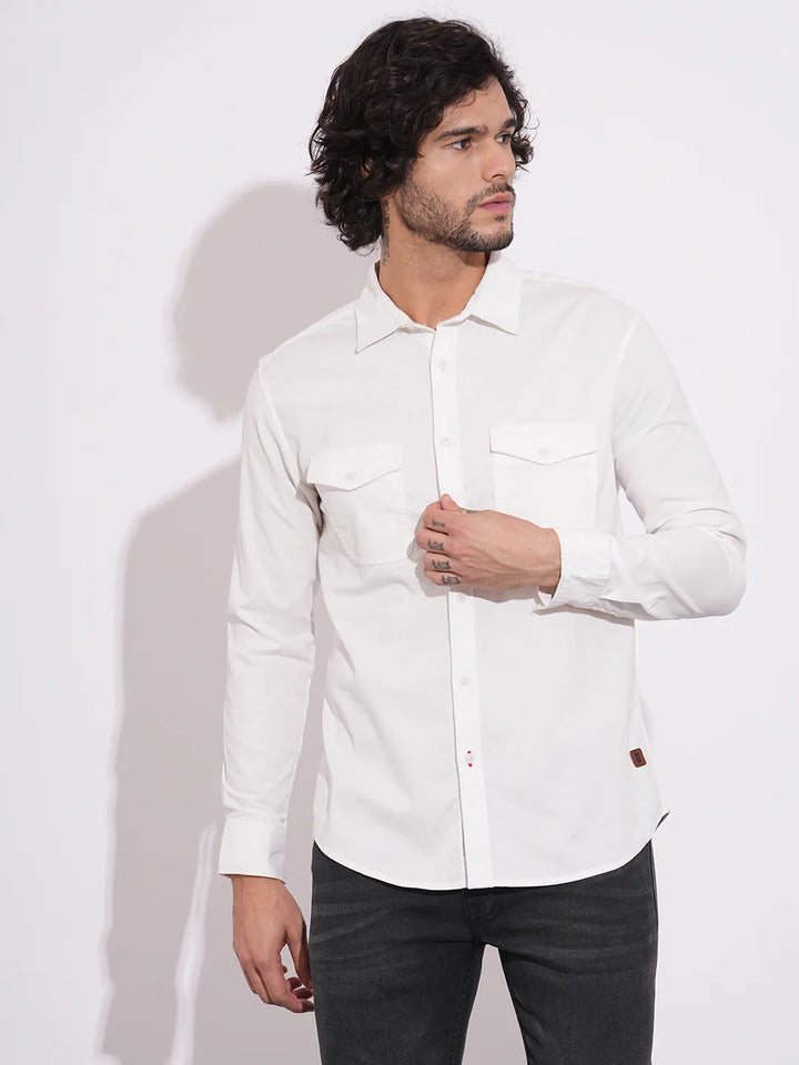 White Moderno Fit Regular Collar Long Sleeves Cotton Men's Shirt by Being Human Clothing