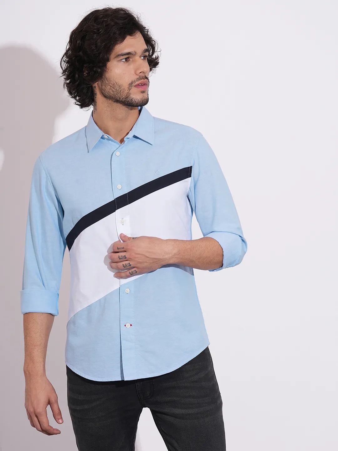 Being Human Men's Light Blue Color-Block Full Sleeves Shirt