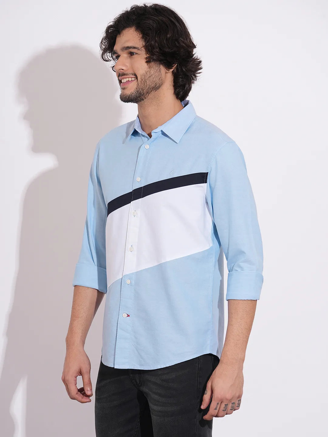 Being Human Men's Light Blue Color-Block Full Sleeves Shirt