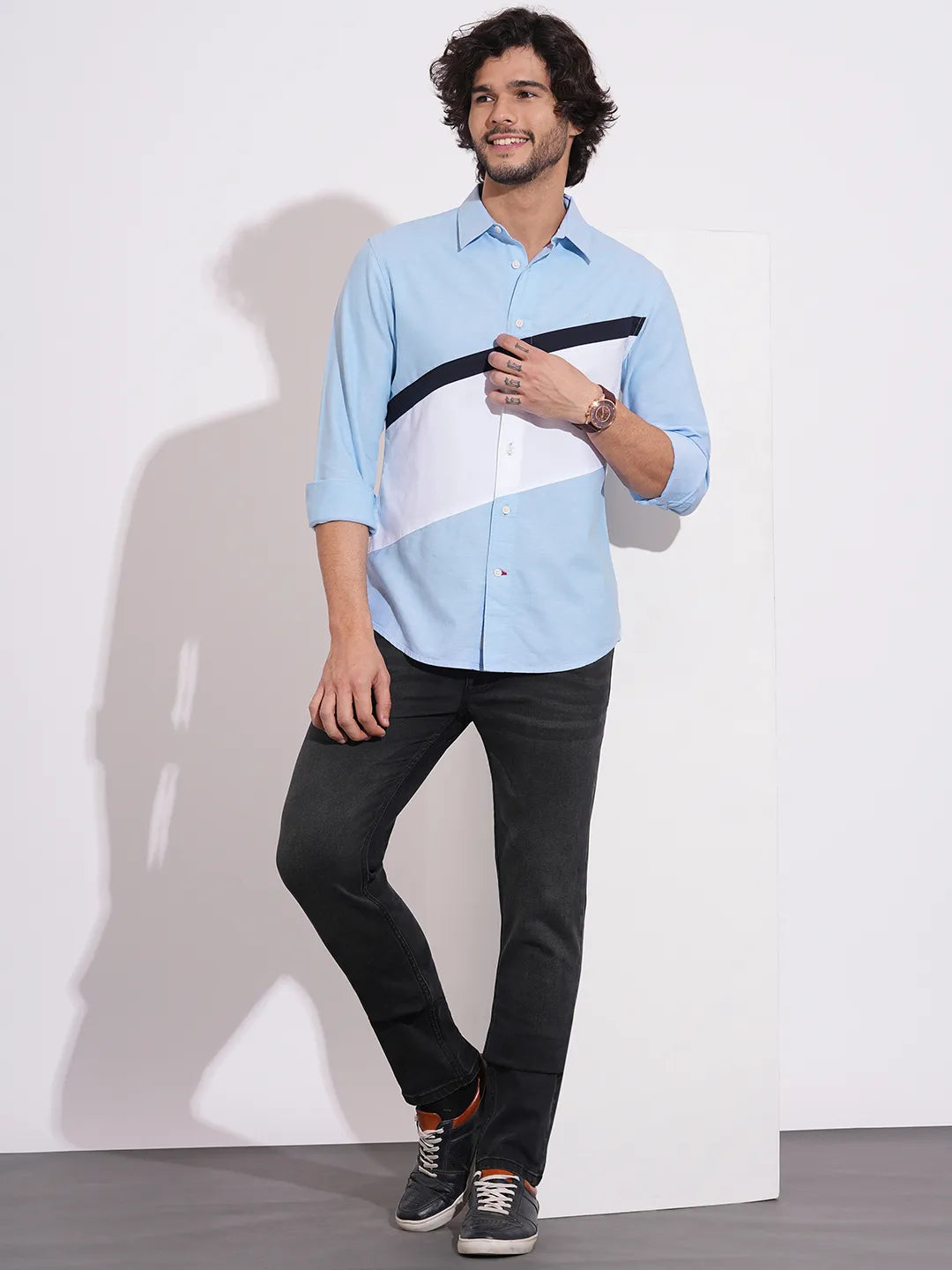 Being Human Men's Light Blue Color-Block Full Sleeves Shirt