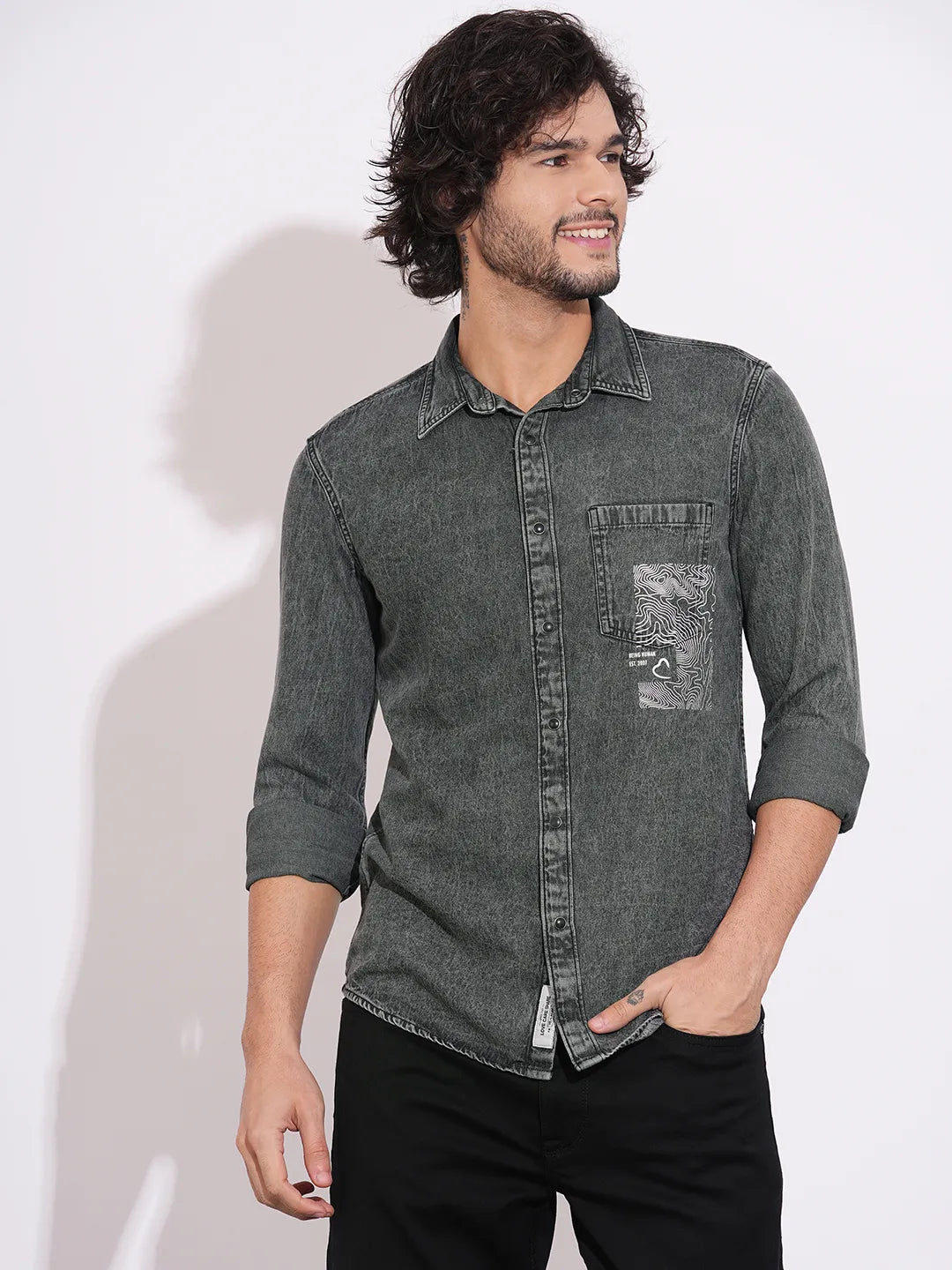 Men's Charcoal Grey Denim Shirt with Graphic Print by Being Human Clothing