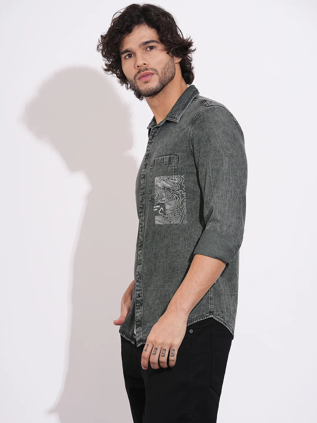 Men's Charcoal Grey Denim Shirt with Graphic Print by Being Human Clothing