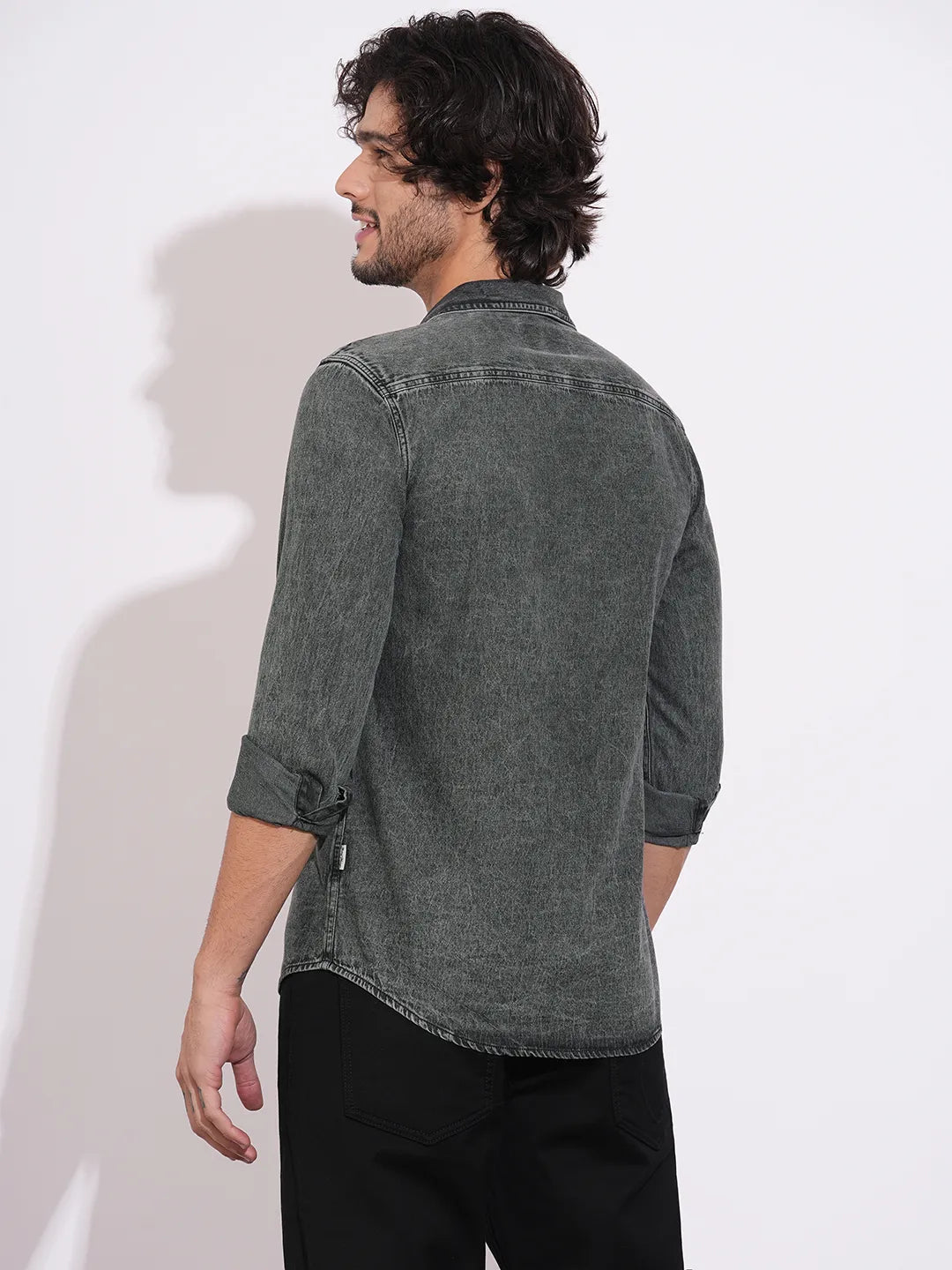 Men's Charcoal Grey Denim Shirt with Graphic Print by Being Human Clothing