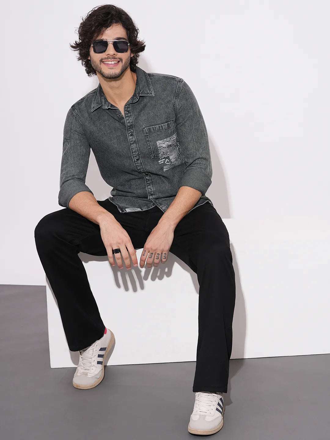 Men's Charcoal Grey Denim Shirt with Graphic Print by Being Human Clothing