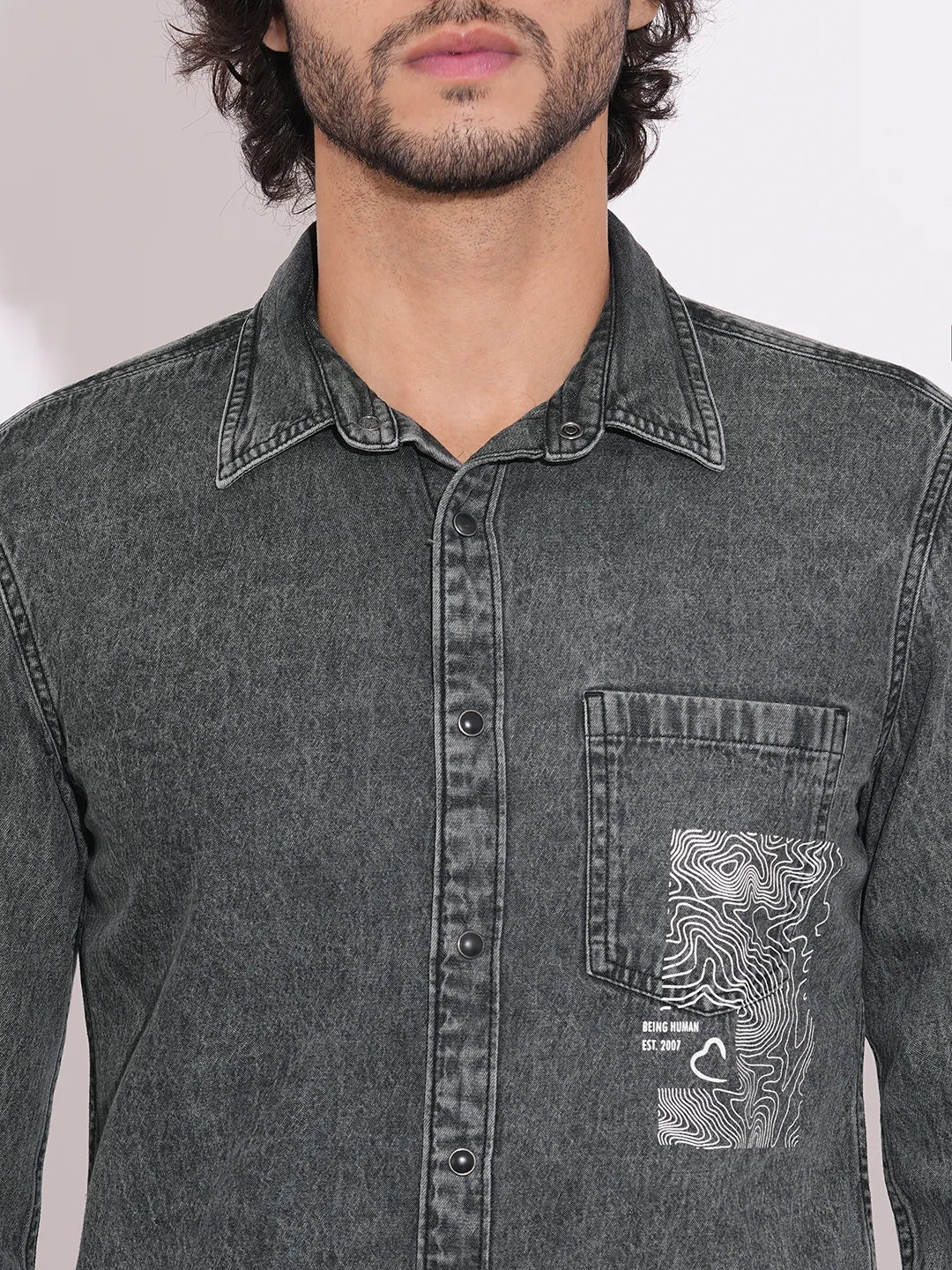 Men's Charcoal Grey Denim Shirt with Graphic Print by Being Human Clothing