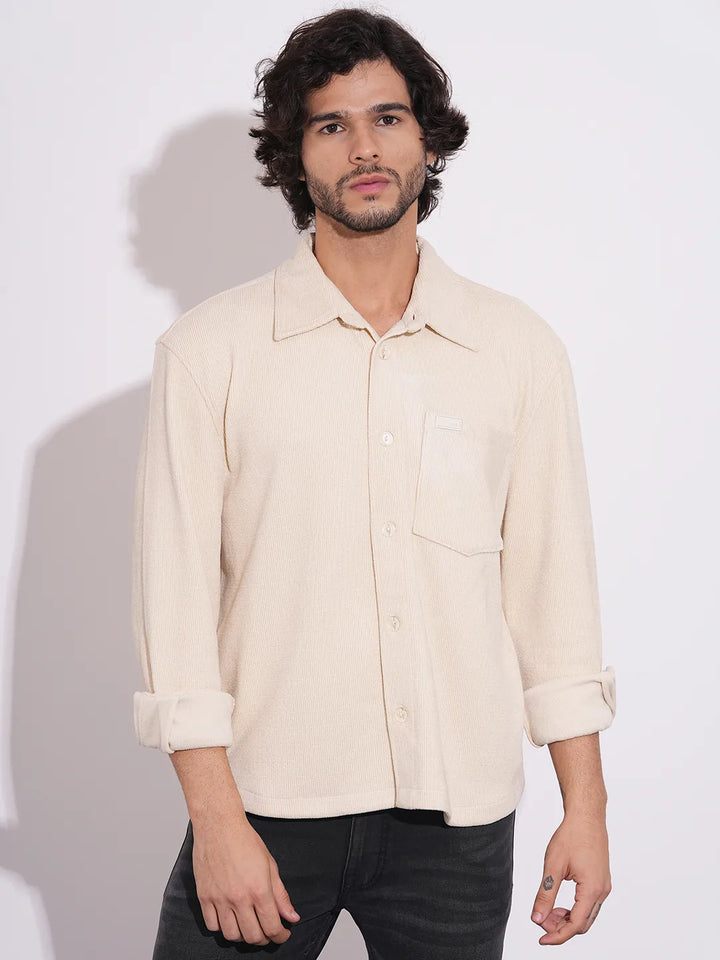 Beige Moderno Fit Regular Collar Long Sleeves Men's Shacket