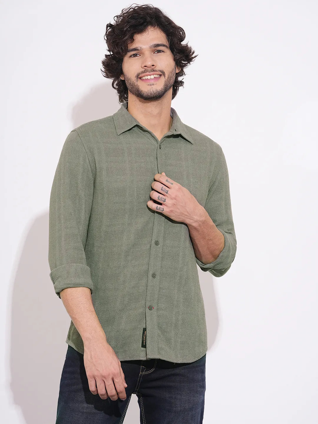 Men's Olive Self-Design Spread Collar Shirt by Being Human Clothing