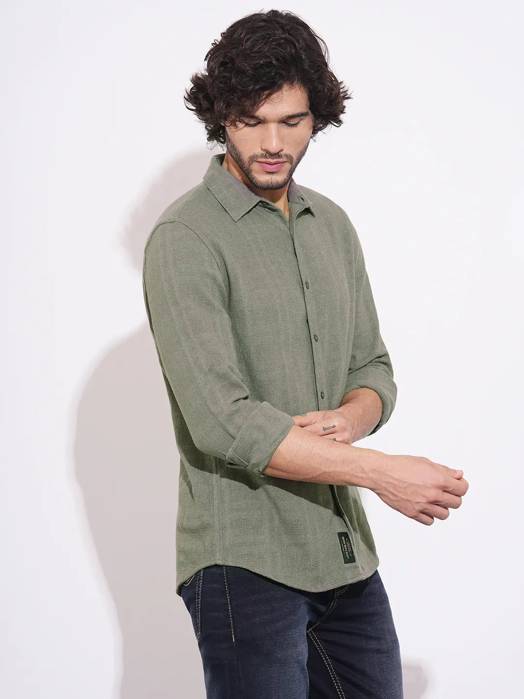 Men's Olive Self-Design Spread Collar Shirt by Being Human Clothing