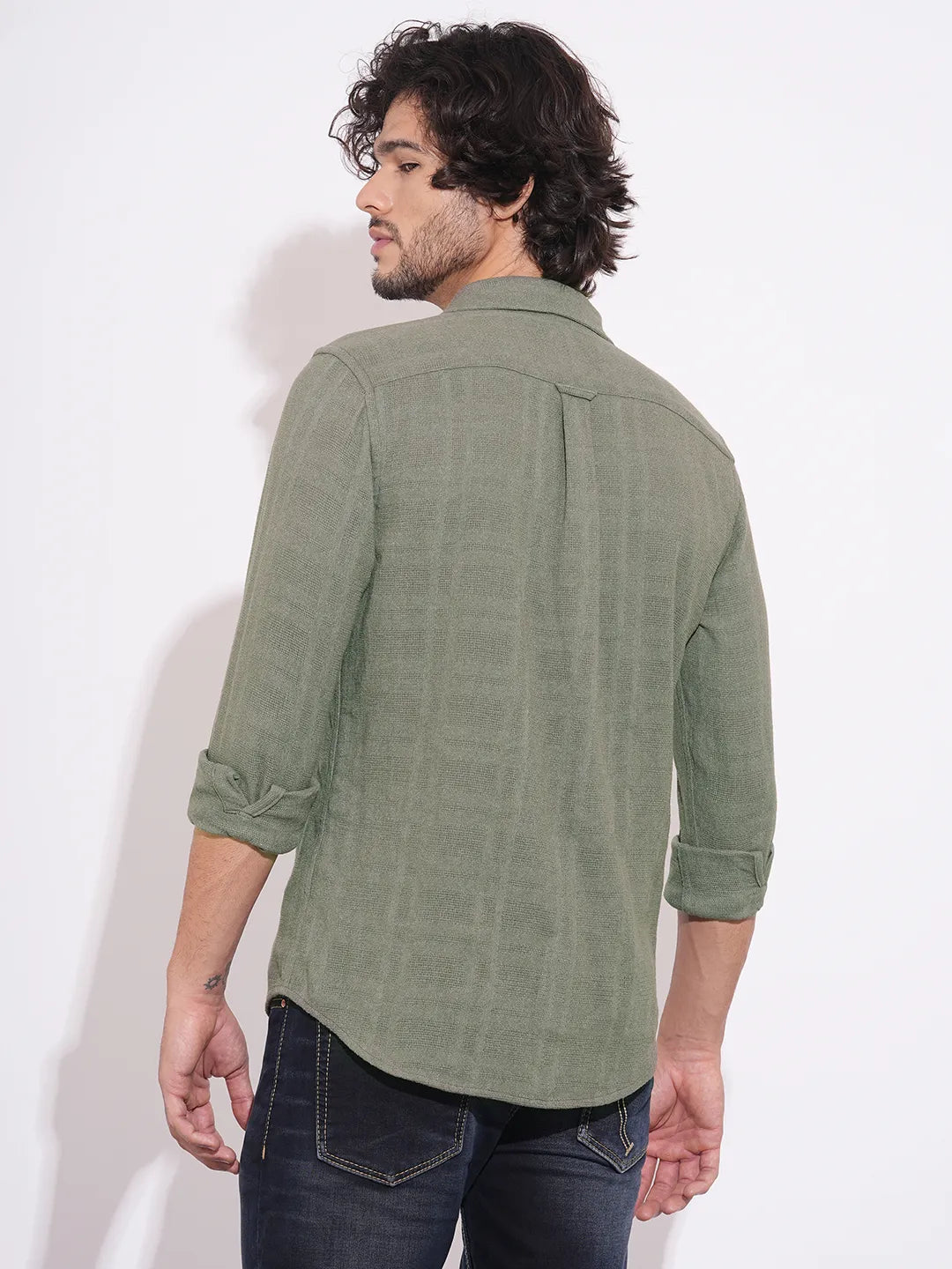 Men's Olive Self-Design Spread Collar Shirt by Being Human Clothing