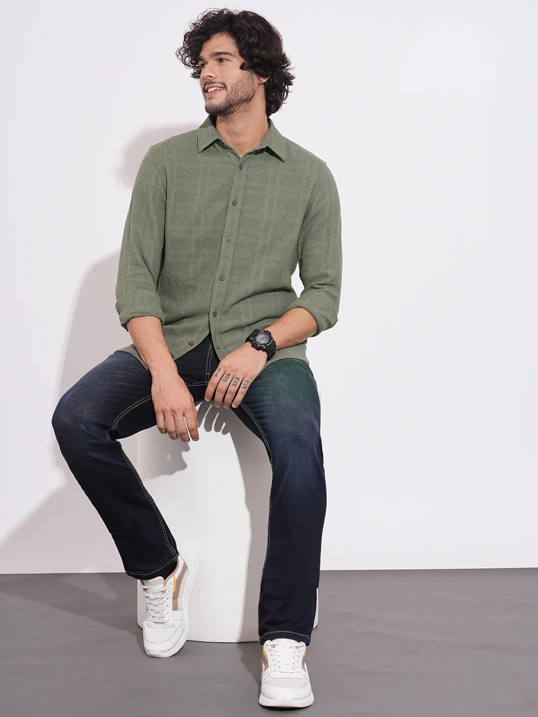 Men's Olive Self-Design Spread Collar Shirt by Being Human Clothing