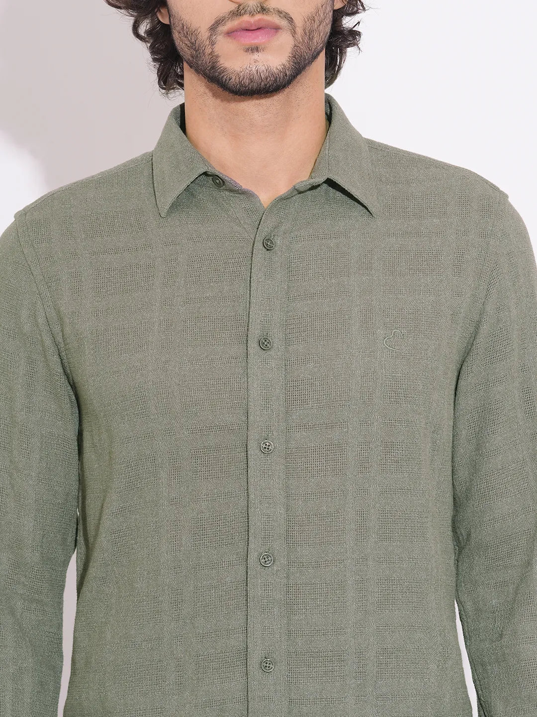 Men's Olive Self-Design Spread Collar Shirt by Being Human Clothing