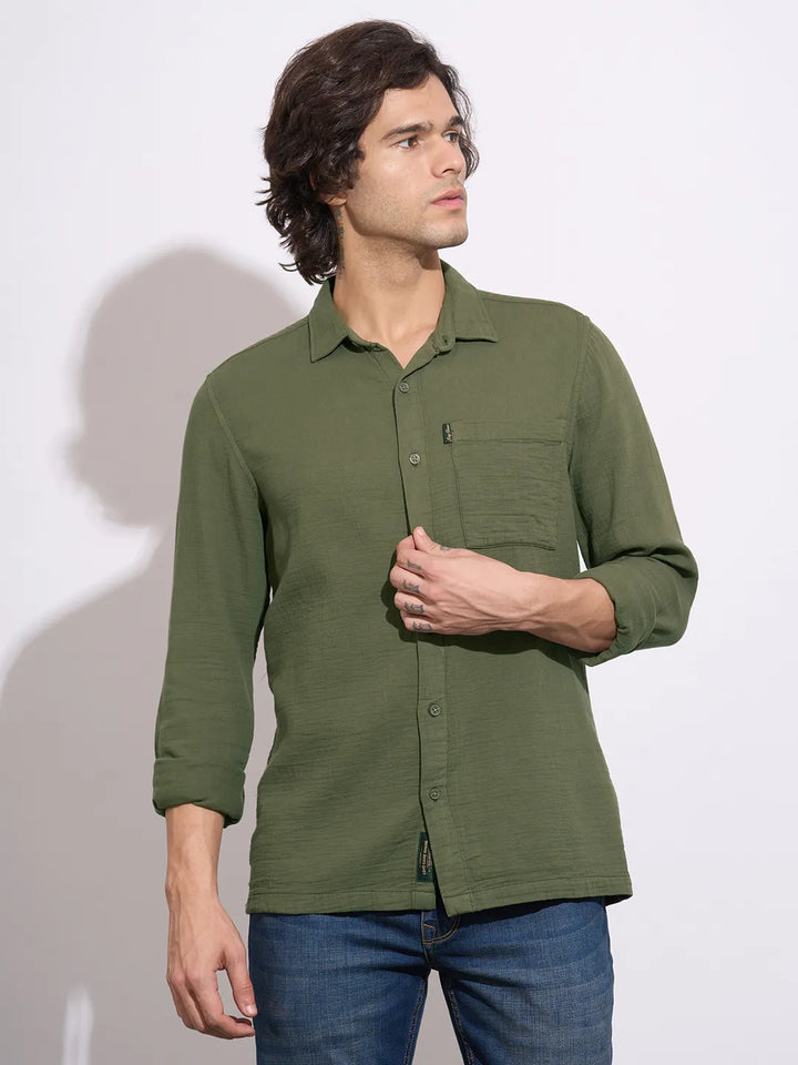 Olive Regular Fit Regular Collar Men's Shirt