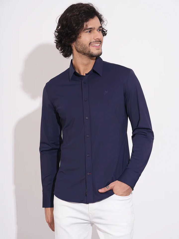 Blue Moderno Fit Regular Collar Long Sleeves Nylon Men's Shirt by Being Human Clothing